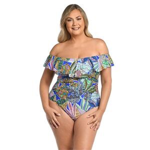 NWT La Blanca Neon Nights Off Shoulder Ruffle One Piece
